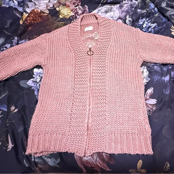 JACKSON ROWE I See You Chunky Cardigan Sweater Women Size Small Zip Dusty Pink - Picture 2 of 12